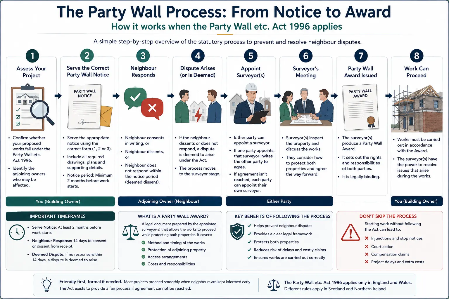 Do I Need a Party Wall Agreement? An infographic showing the party wall process from notice to award in a very interactive way for the citizens living in Birmingham, UK