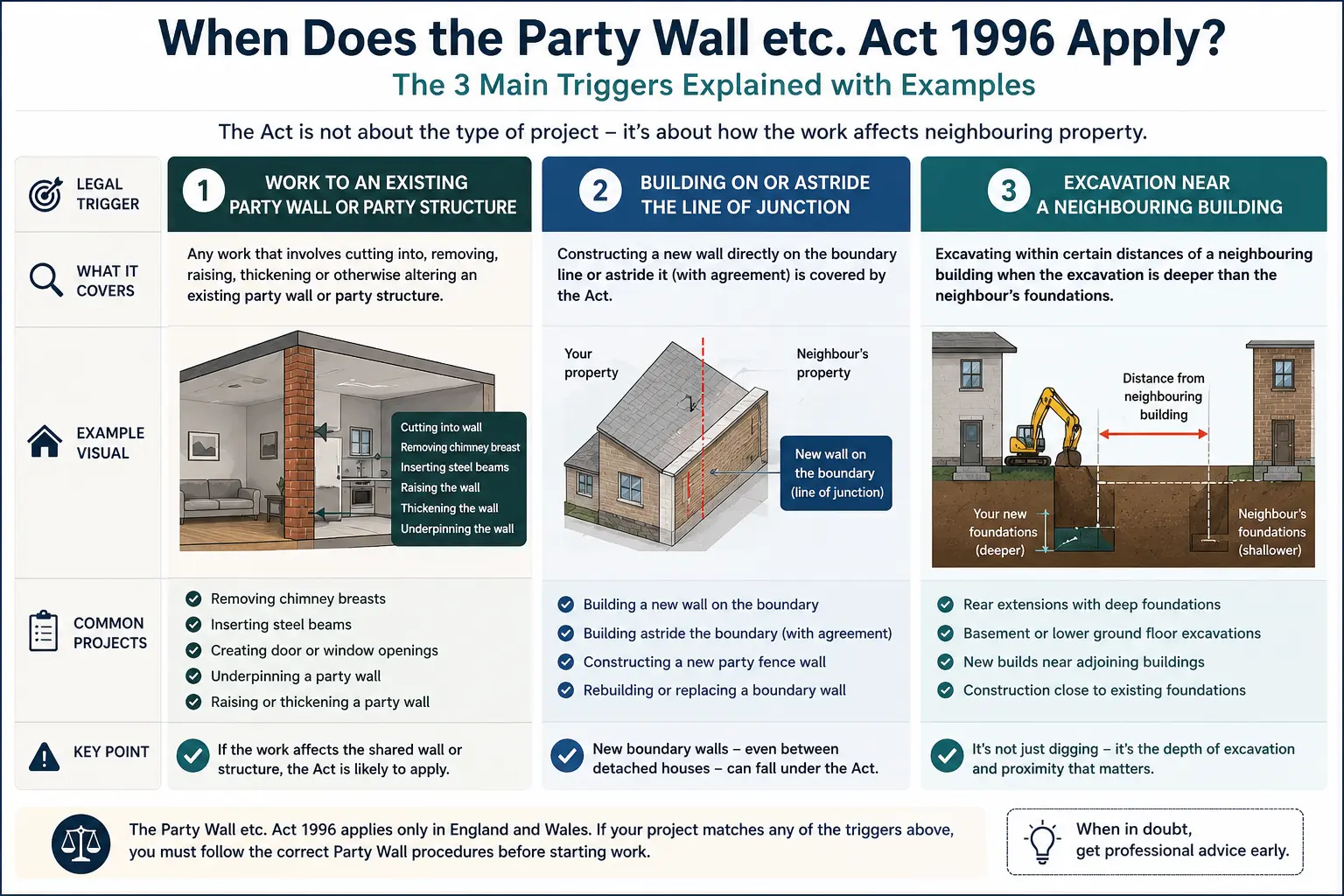 Do I Need a Party Wall Agreement? An infographic showing when does the party wall etc act 1996 apply like excavation, junction, painting, in Birmingham, UK